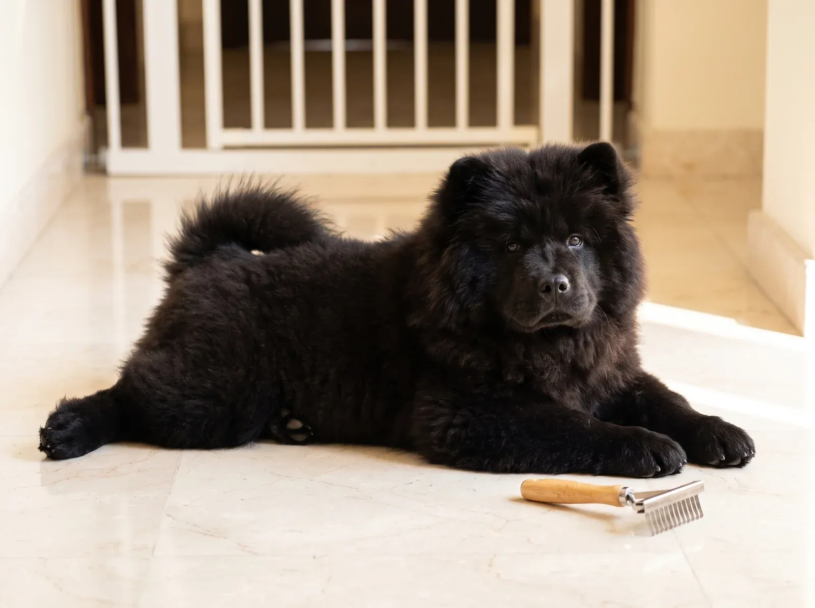Chow Chow, a black puppy lying on cool marble tiles beside an undercoat rake, a baby gate behind