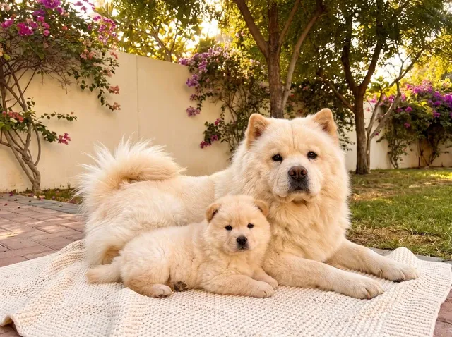 Chow Chow, a cream mother and puppy lying on a blanket in a villa garden by bougainvillea