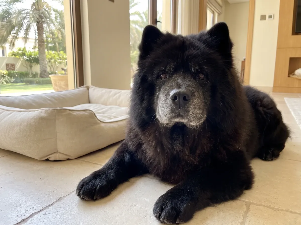 Chow Chow in Dubai, an older black dog with a greying muzzle lying by a cushioned bed, palms outside