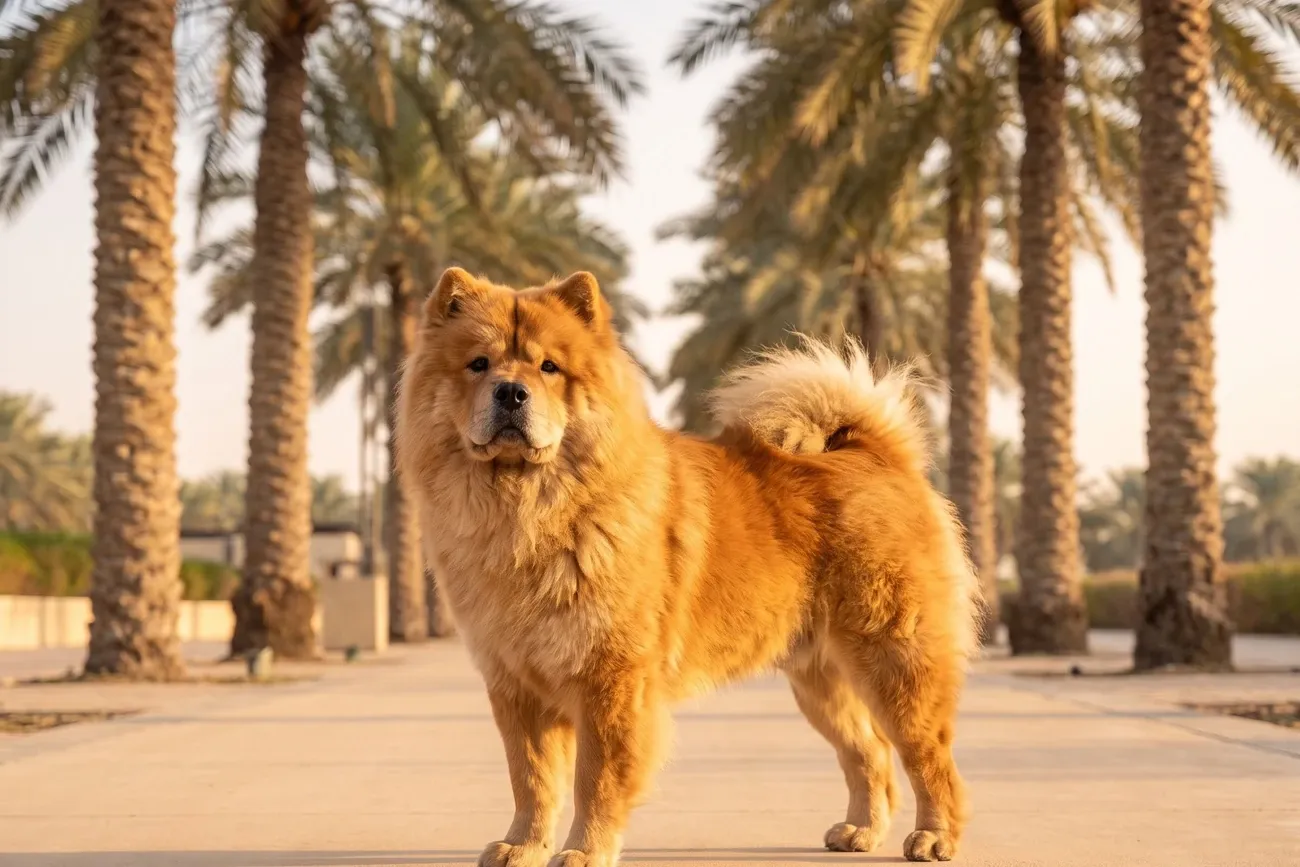Chow Chow history, the breed today, a red adult standing on a path between date palms, Dubai, 2026