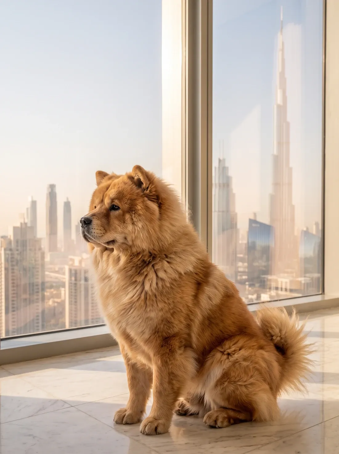 Chow Chow in Dubai, the same adult sitting in profile on marble tiles, the Dubai skyline behind