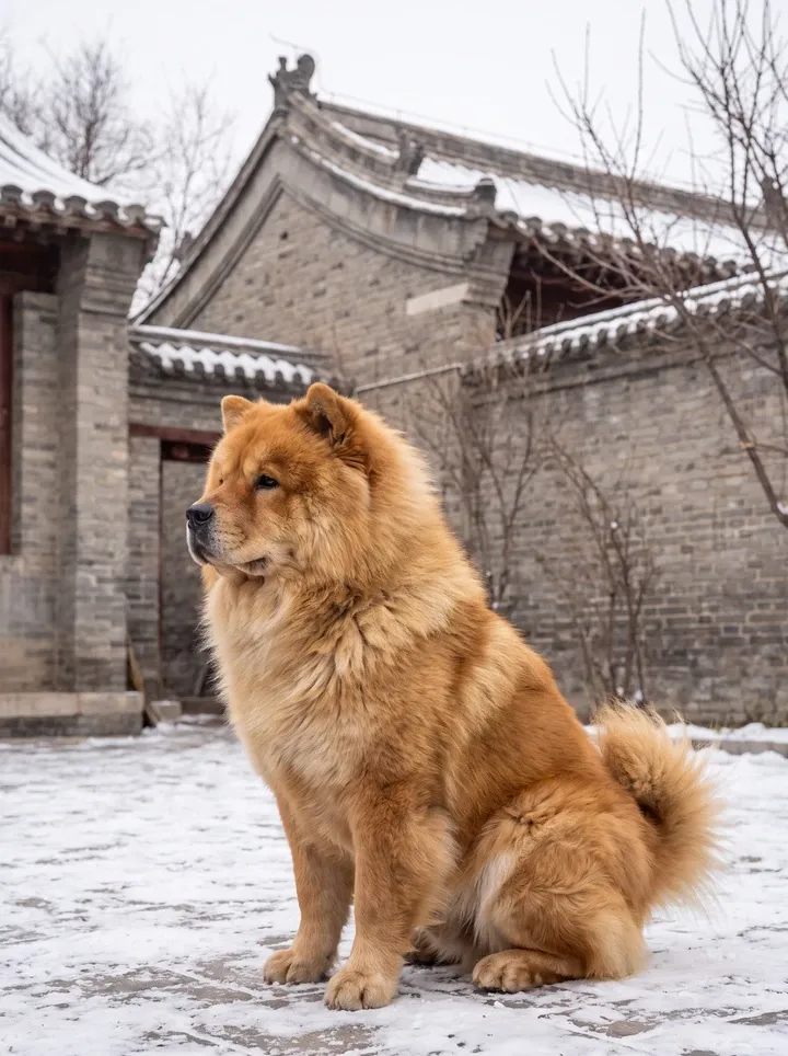 Chow Chow, a red adult sitting in profile in the snowy courtyard of an old northern Chinese house
