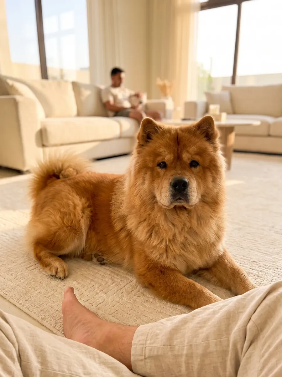 Chow Chow, a red adult lying on a rug at their person's feet, a guest out of focus on the far sofa