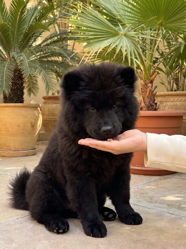 Chow Chow in Dubai, a black puppy sniffing a treat in a visitor's hand on a terrace with potted palms