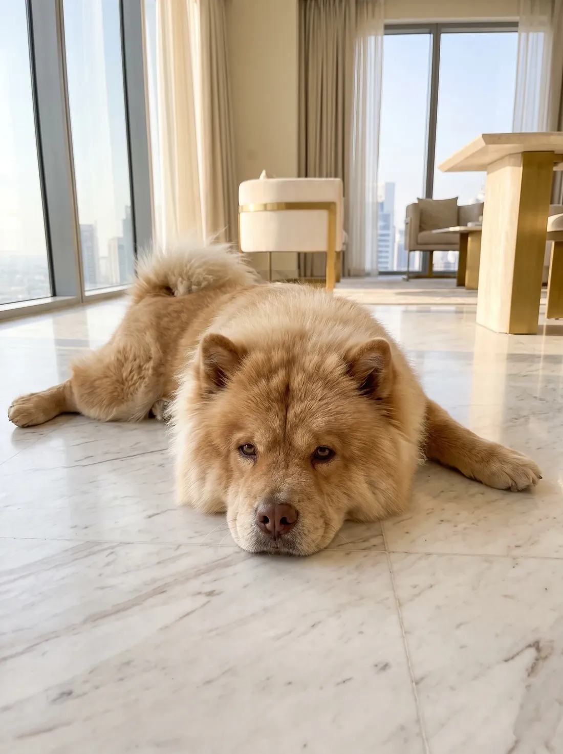 Chow Chow in Dubai, a pale cinnamon adult stretched out on cool marble tiles, city towers through the window