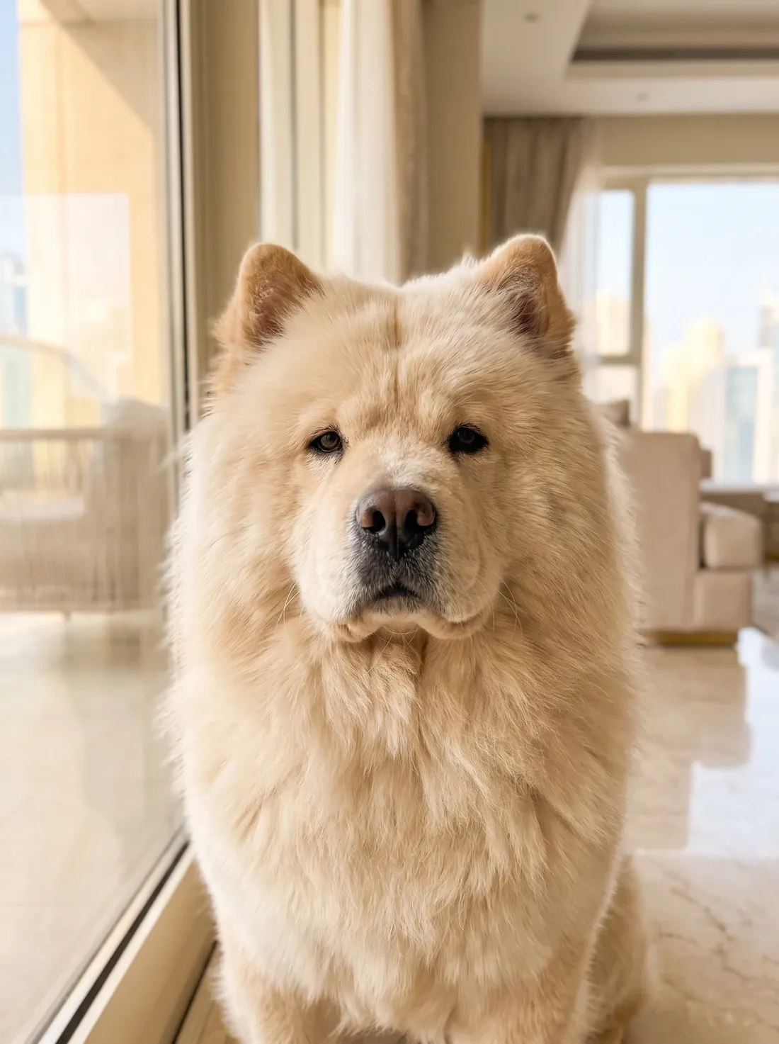 Chow Chow in Dubai, close view of a cream adult's face and mane by a window, city towers behind