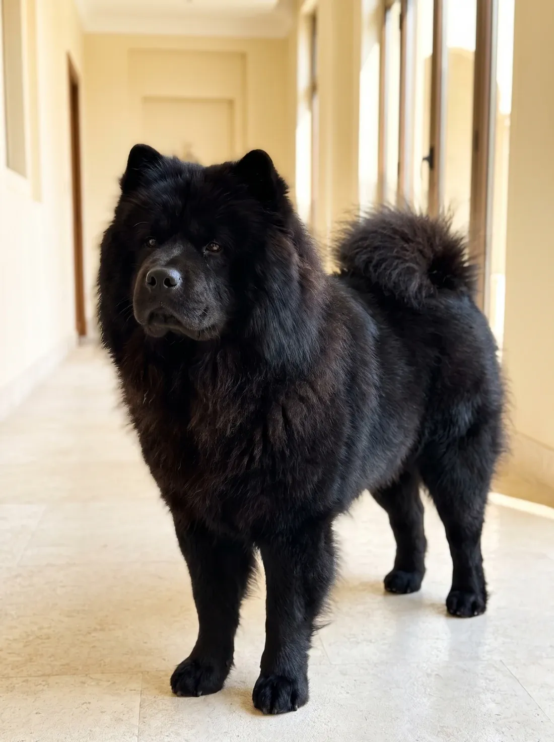 Chow Chow, a black adult standing calmly in a bright hallway, head turned slightly away