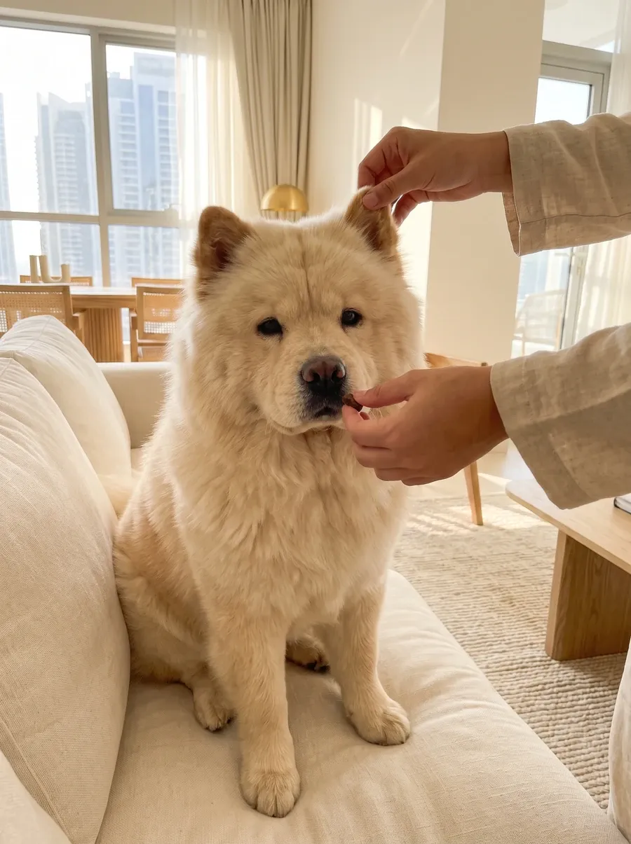Chow Chow in Dubai, a cream adult on a sofa as a hand lifts one ear and offers a treat, towers behind