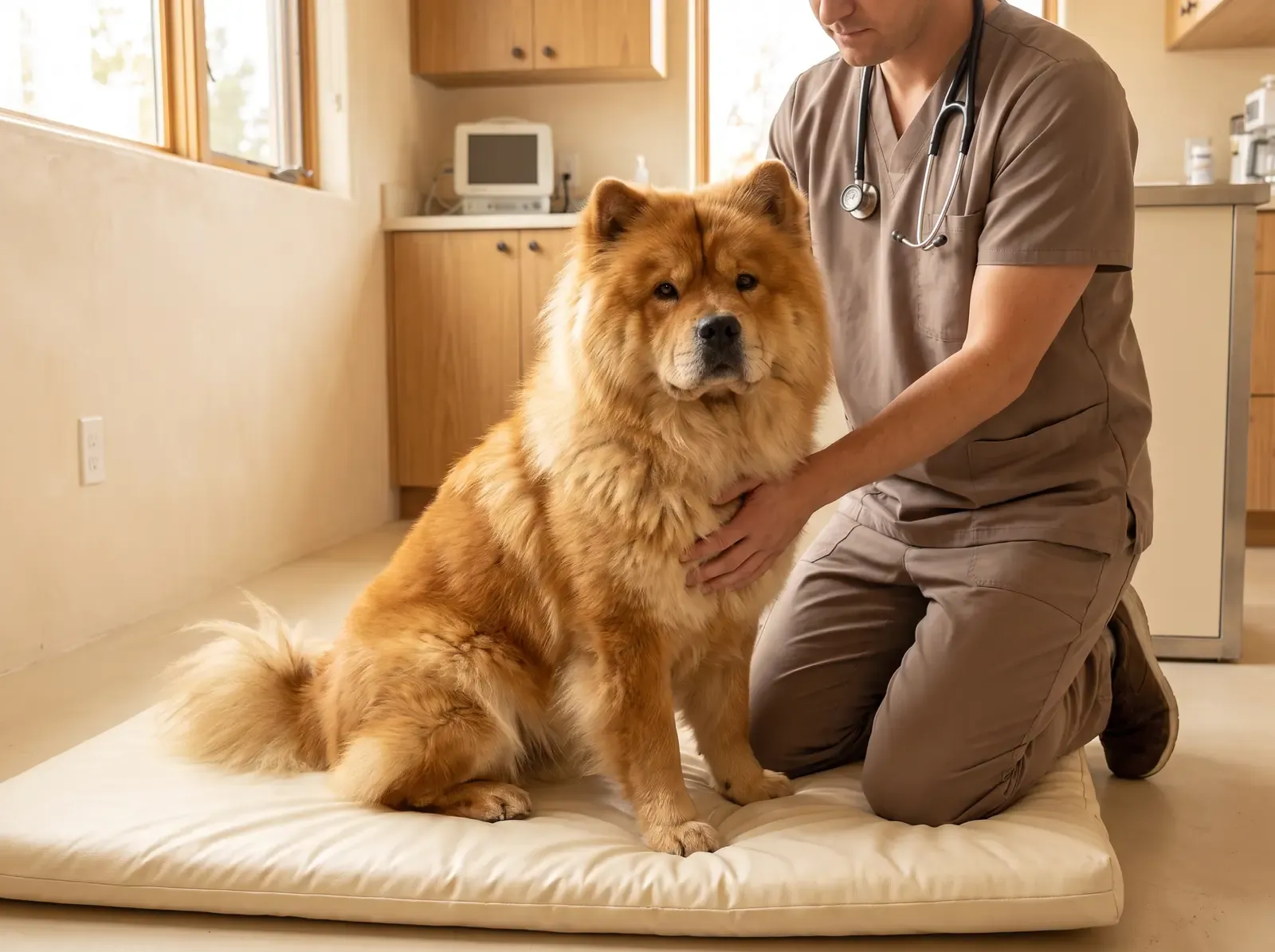 Chow Chow, a red adult sitting on a padded mat as a vet in taupe scrubs rests a hand on their chest