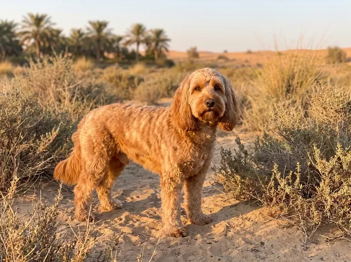 Cockapoo in Dubai, a red adult standing among desert shrubs at golden hour, palms behind
