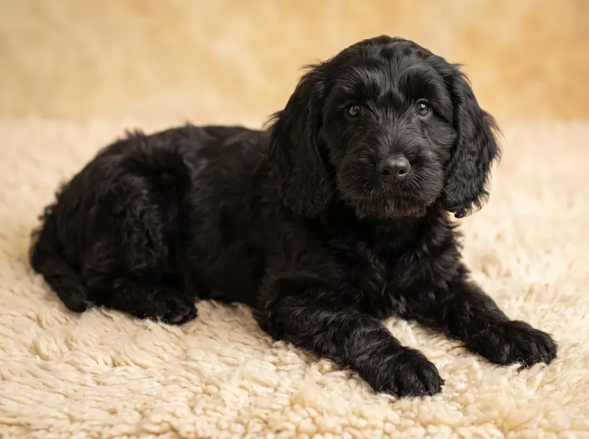 Cockapoo, a black puppy with a soft wavy coat lying on a cream rug