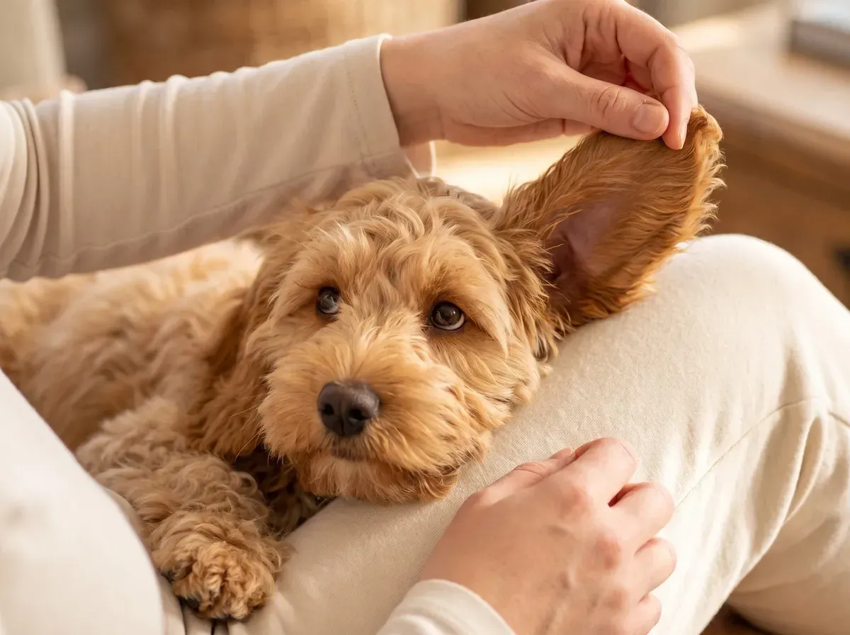 Cockapoo, an apricot puppy on a pet parent's lap while an ear is gently lifted and looked at