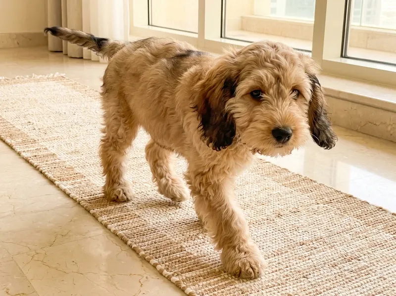 Cockapoo, an apricot puppy padding along a runner laid over a marble floor