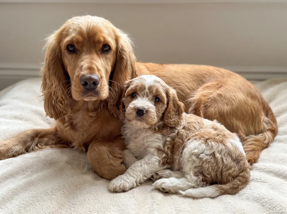 Cockapoo, a Cocker Spaniel mother lying on a blanket with a cream and white puppy