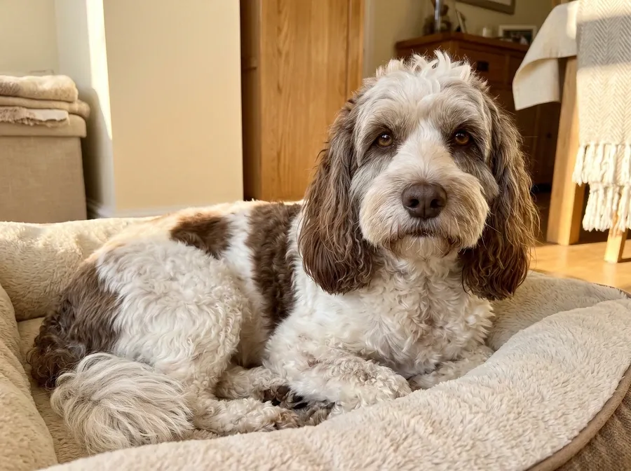 Cockapoo, an older brown and white dog with a greying muzzle resting on a cushioned bed