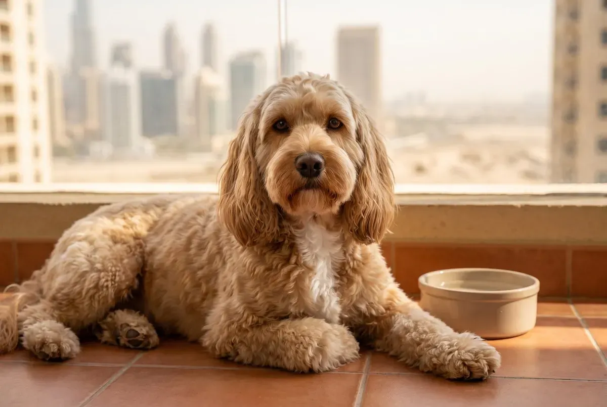 Cockapoo history, the breed today, an apricot adult resting on a Dubai balcony beside a water bowl
