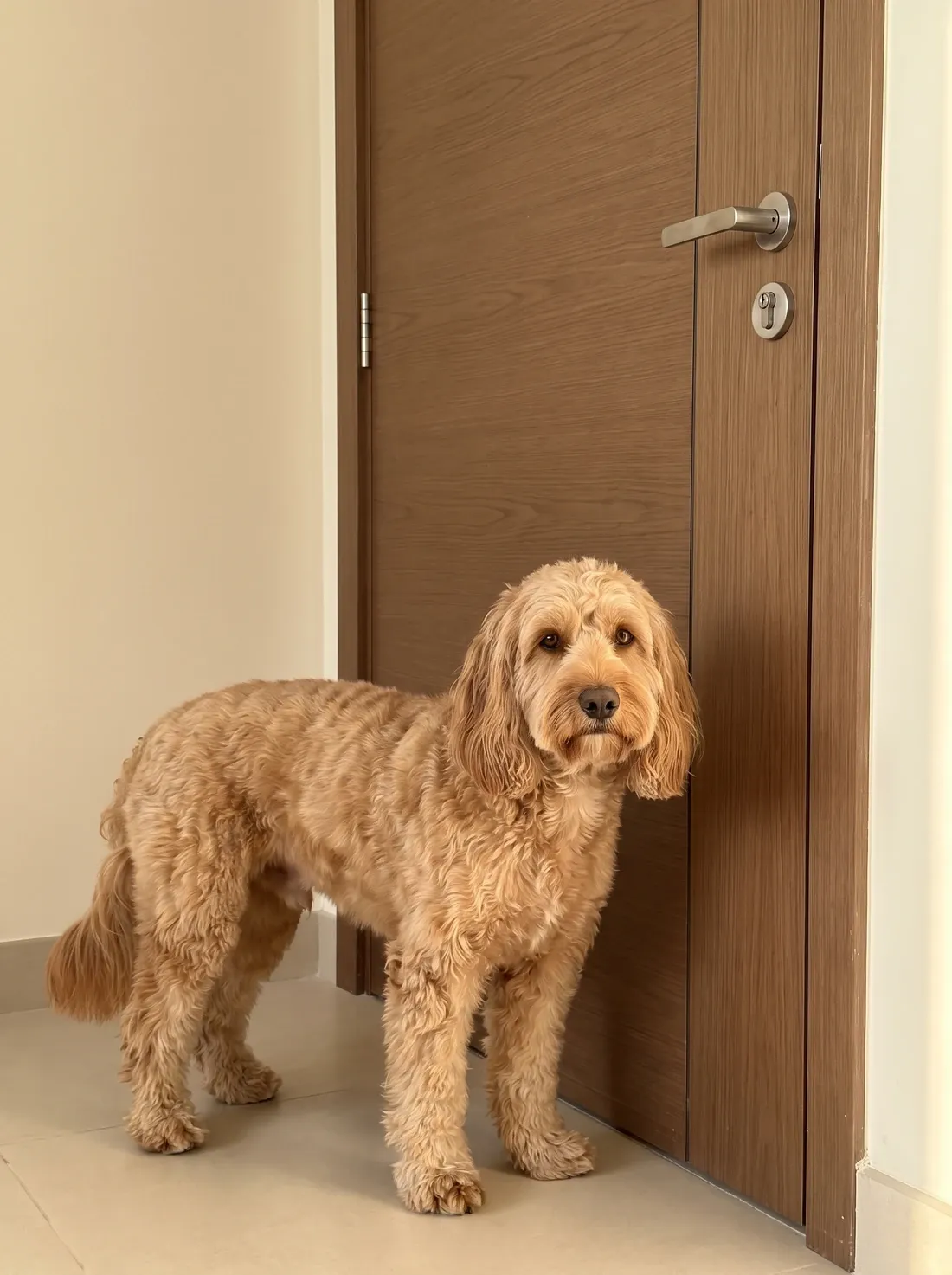 Cockapoo, the same apricot adult standing by the front door of a flat
