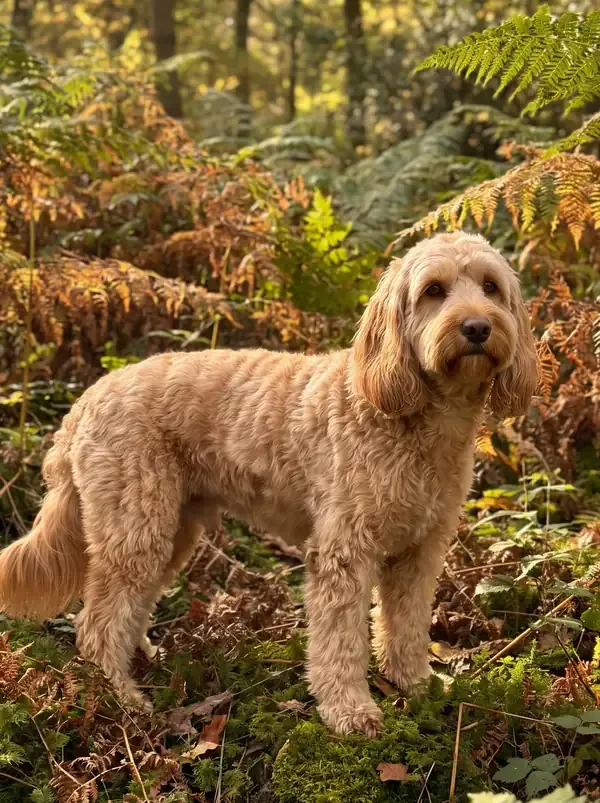 Cockapoo, an apricot adult standing among ferns in a sunlit woodland