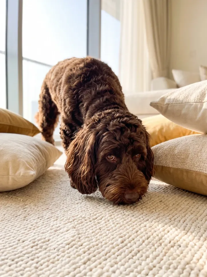 Cockapoo, a chocolate adult on a living room rug, nose down, following a trail between the cushions