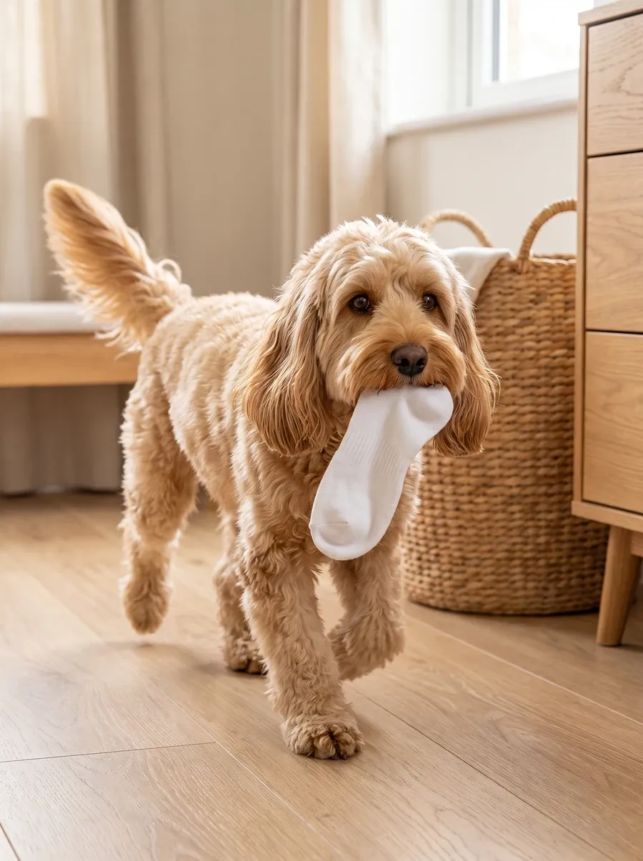 Cockapoo, an apricot adult trotting across a bedroom floor with a sock in the mouth