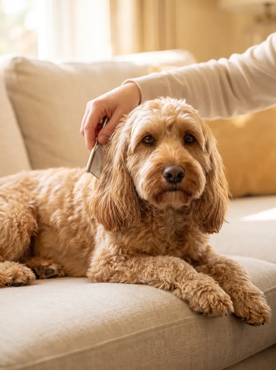 Cockapoo, a pet parent combing the wavy coat behind an apricot adult's ear on the sofa