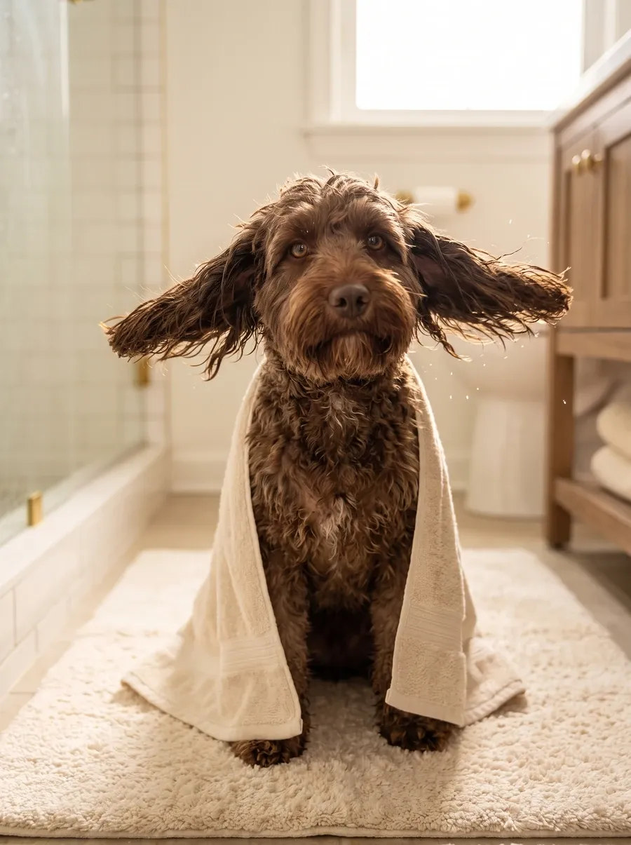 Cockapoo, a damp chocolate adult wrapped in a towel after a bath, mid head shake