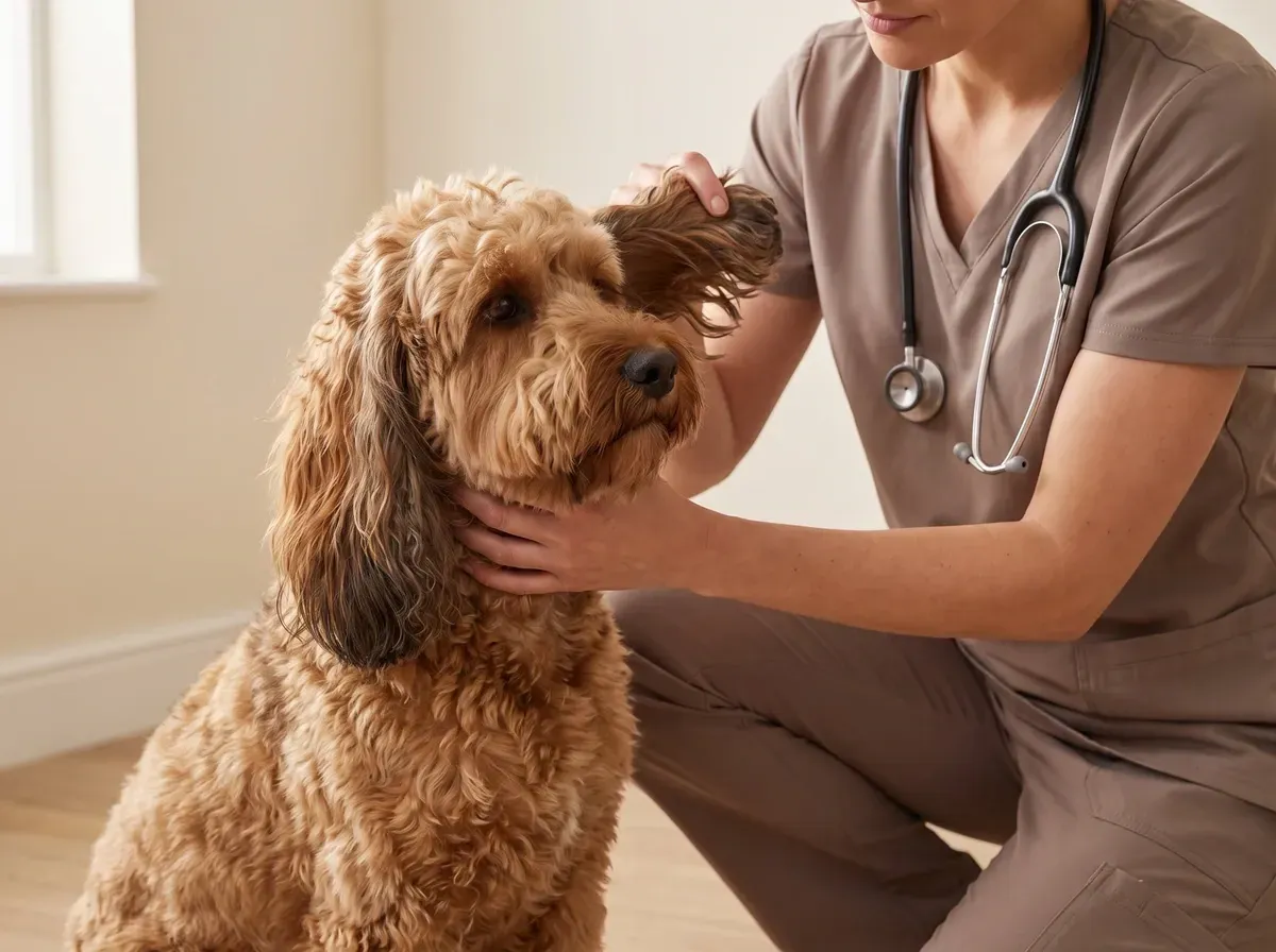 Cockapoo, an apricot adult sitting as a vet in taupe scrubs gently lifts an ear flap to look inside