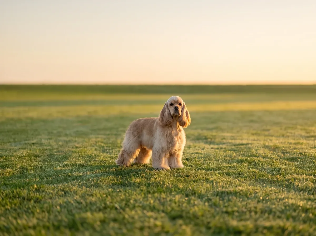 Cocker Spaniel, a buff adult standing on a wide lawn at sunrise