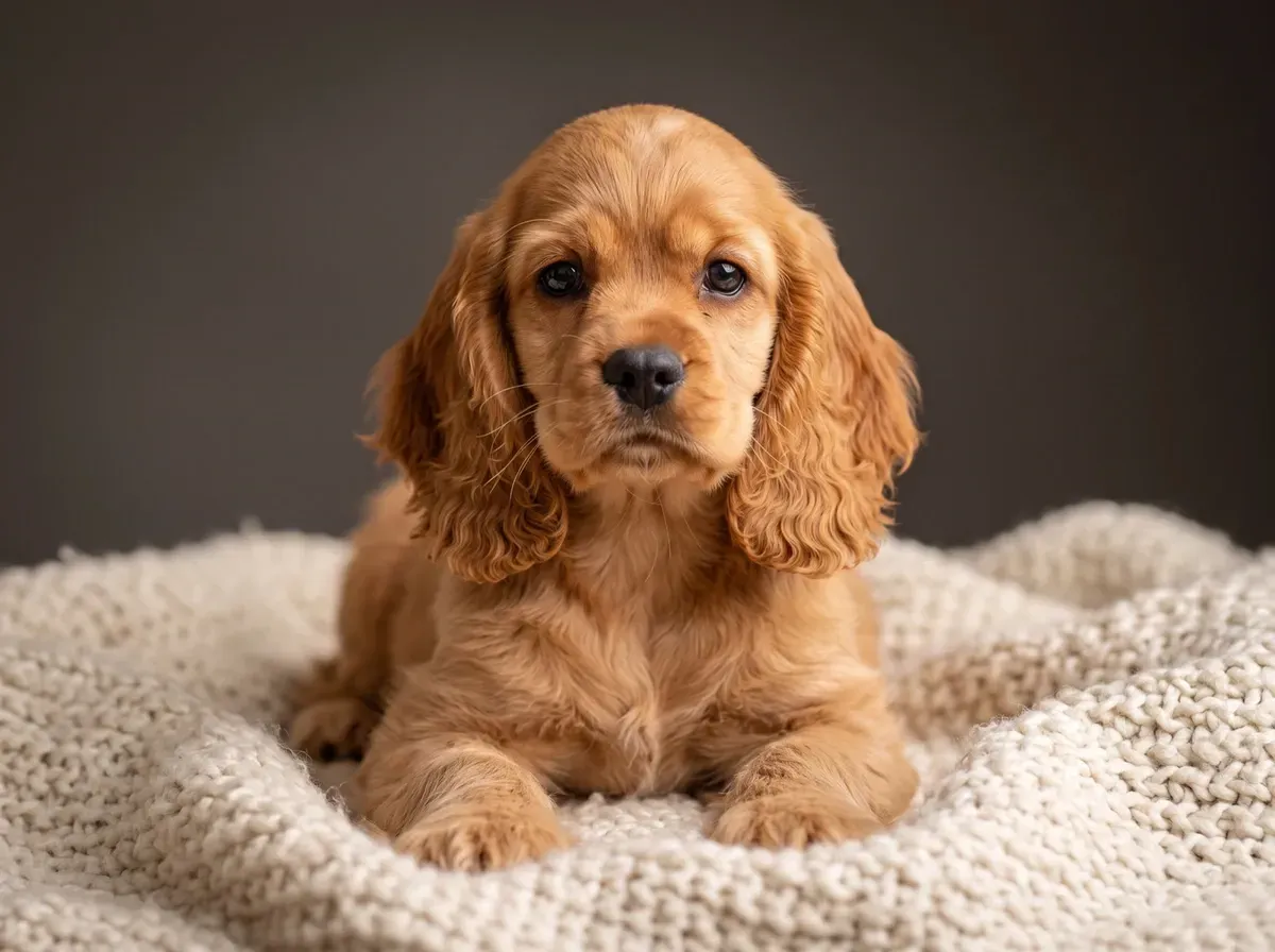 Cocker Spaniel, a red puppy lying on a cream knitted blanket