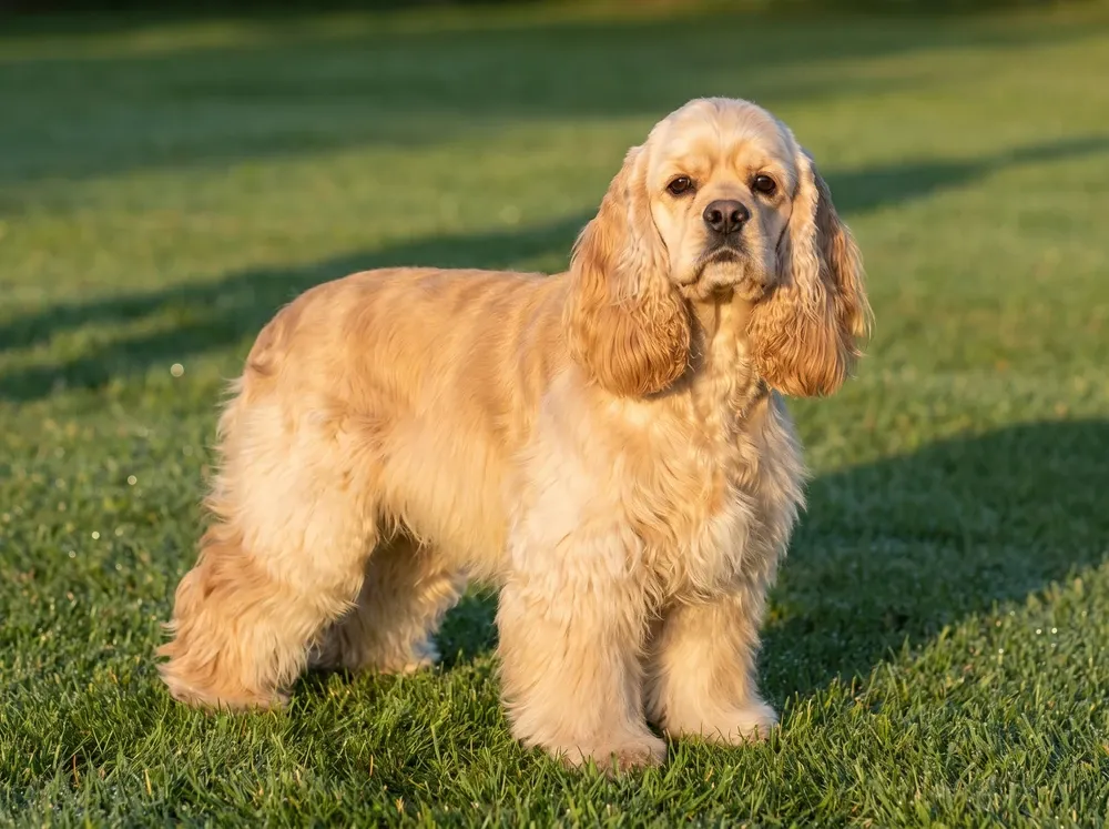 Cocker Spaniel, a buff adult standing on a lawn in early morning light