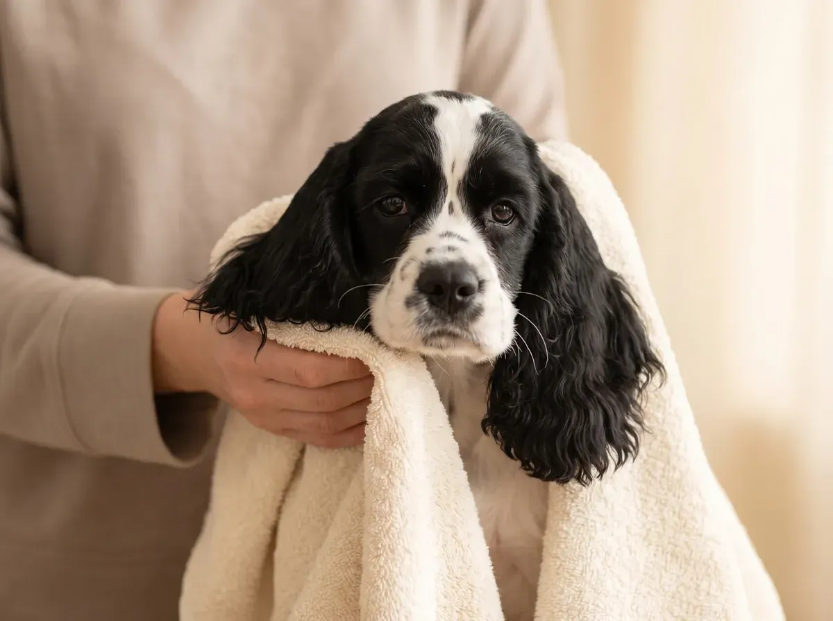 Cocker Spaniel, a pet parent drying a black and white puppy's long ears with a cream towel