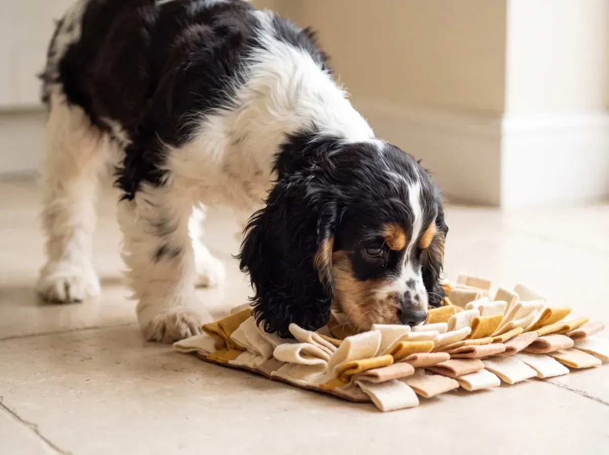 Cocker Spaniel, a tricolour puppy sniffing a felt snuffle mat on a tiled floor