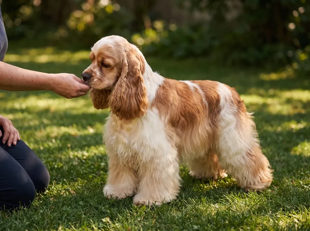Cocker Spaniel, a red and white adult on a garden lawn sniffing a kneeling pet parent's hand