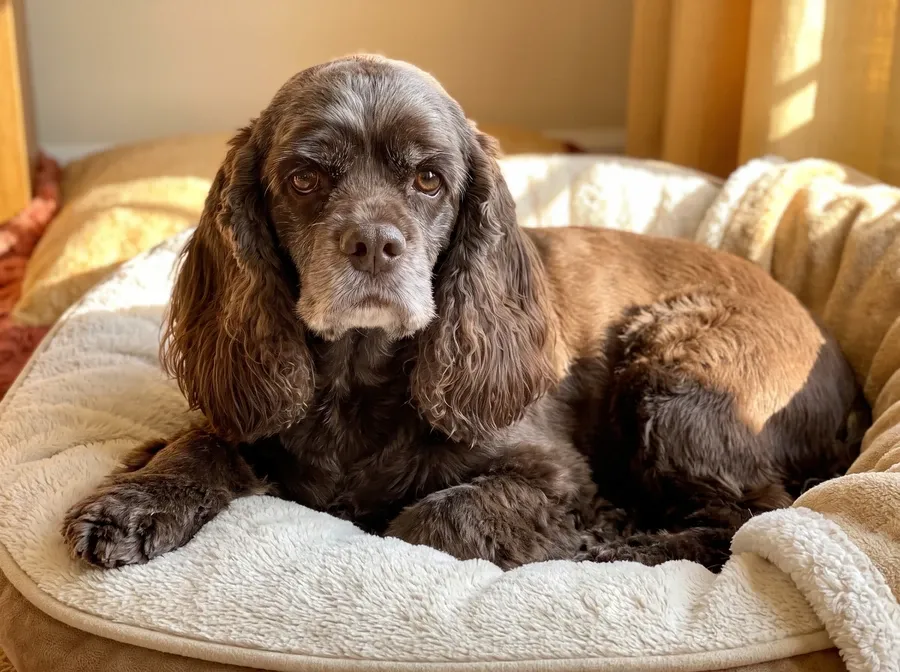 Cocker Spaniel, an older chocolate dog with a greying muzzle resting on a soft bed