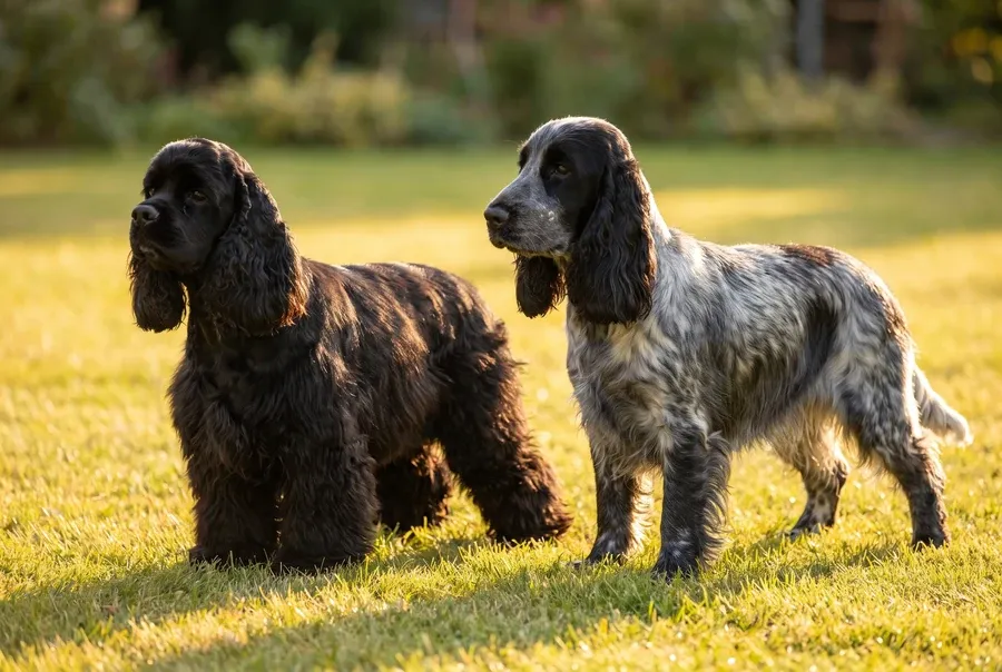 Cocker Spaniel history, two breeds, a black American dog beside a blue roan English Cocker on a lawn