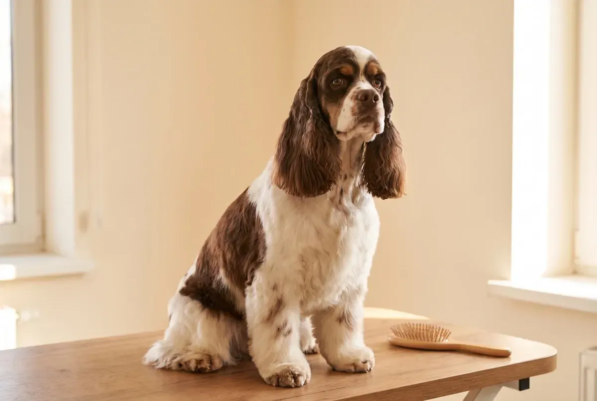 Cocker Spaniel history, the breed today, a freshly groomed chocolate and white adult on a grooming table