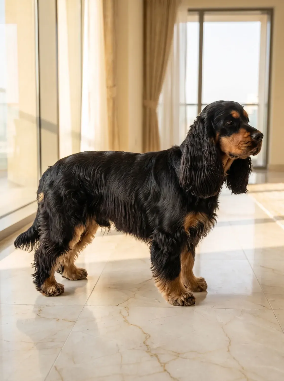 Cocker Spaniel, the same black and tan adult standing on a cool marble floor in a bright flat