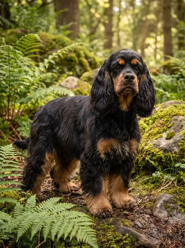 Cocker Spaniel, a black and tan adult standing among ferns and mossy rocks in a woodland