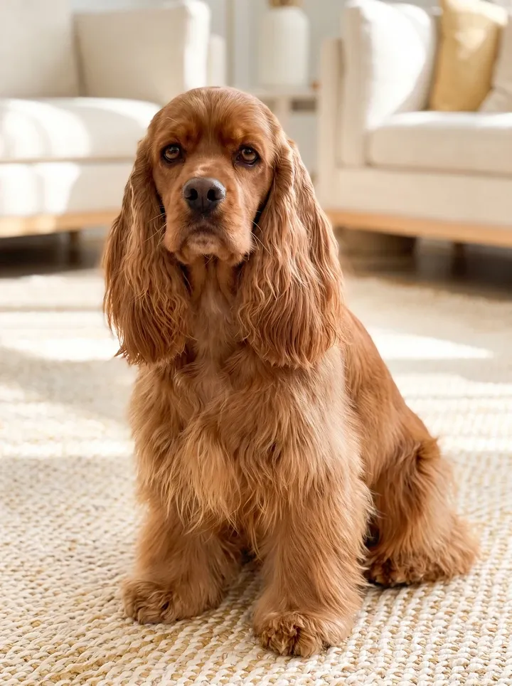 Cocker Spaniel, a red adult sitting on a woven rug, long ears falling over the shoulders
