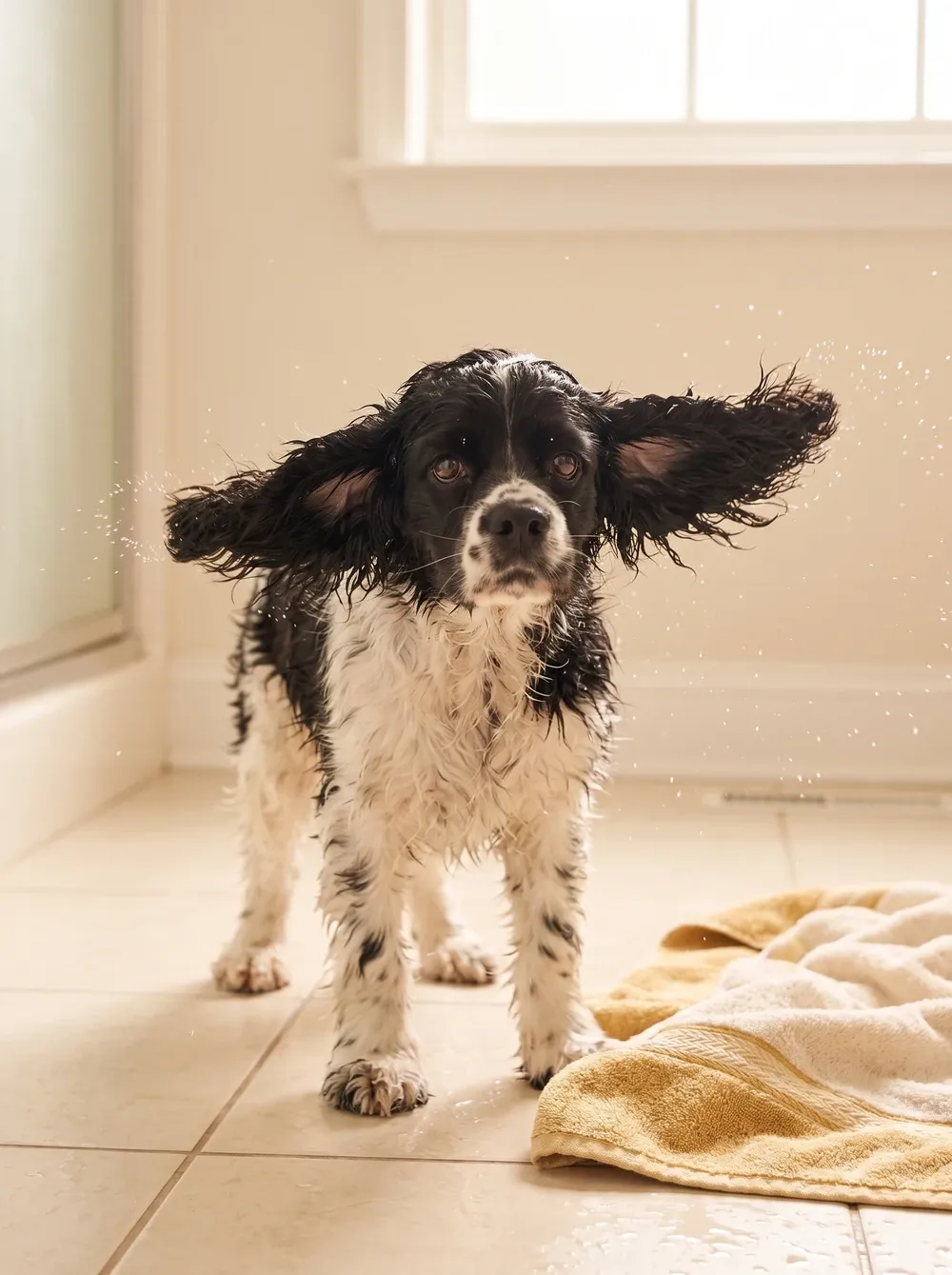 Cocker Spaniel, a black and white adult shaking off after a bath, wet ears flying out