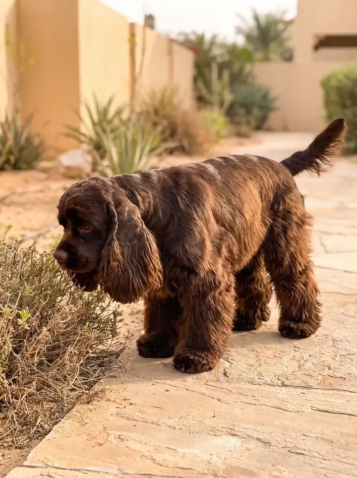 Cocker Spaniel, a chocolate adult sniffing a low shrub on a sunny villa garden path