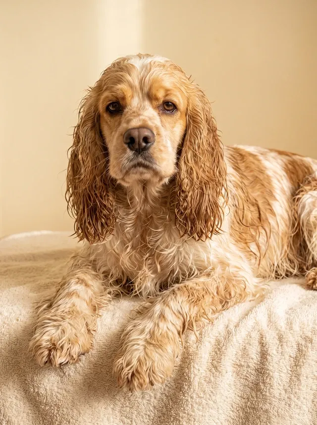 Cocker Spaniel, a red and white adult lying on a cream towel, the coat damp and wavy after a bath