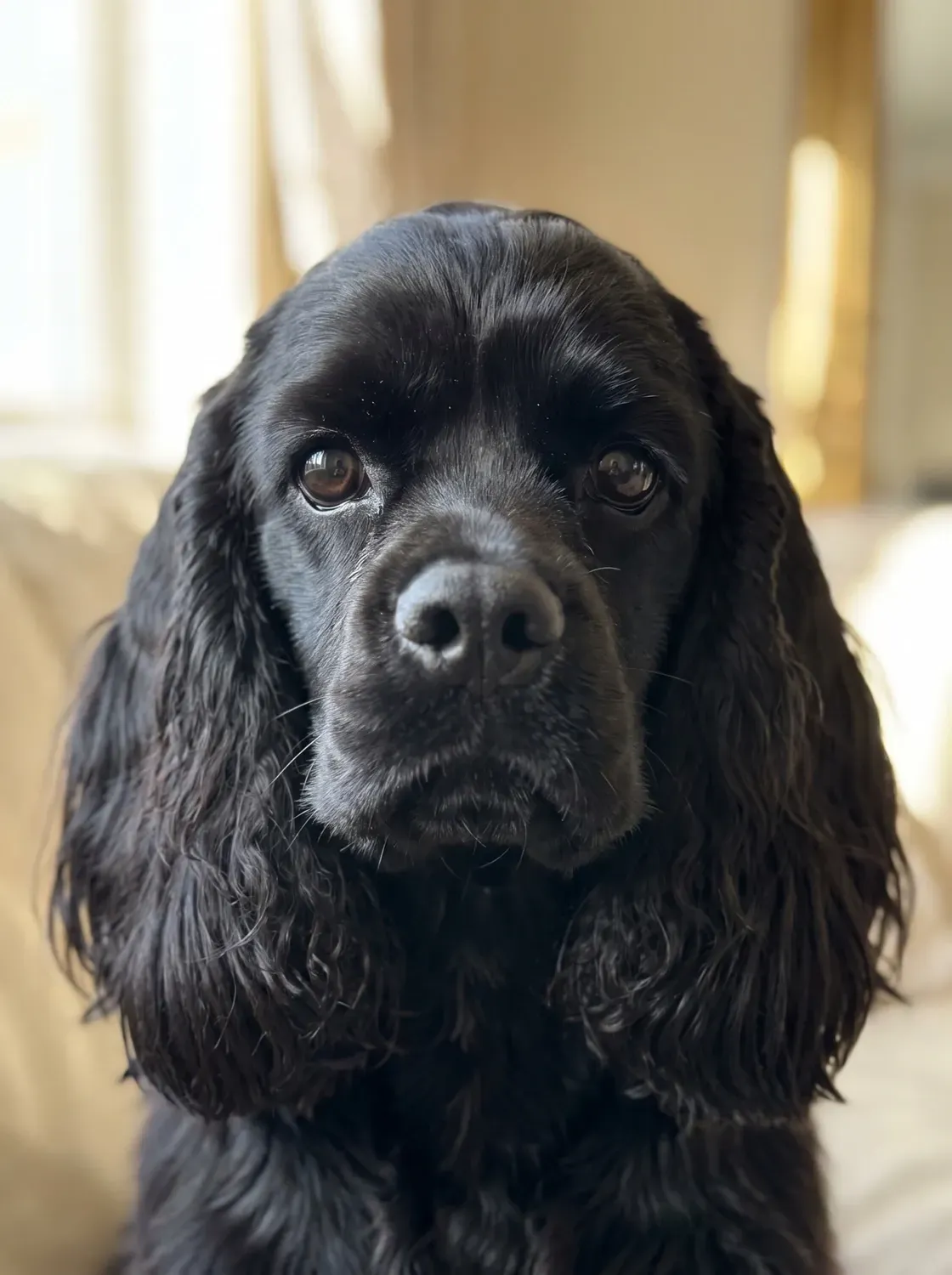 Cocker Spaniel, a close portrait of a black adult with large dark eyes