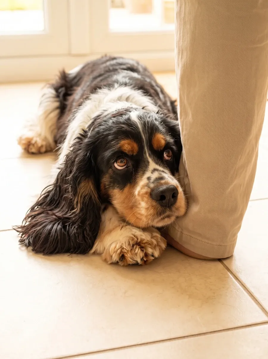 Cocker Spaniel, a tricolour adult lying on a tiled floor, chin resting against a pet parent's foot