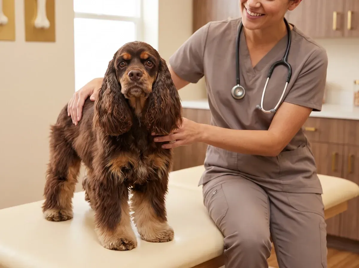 Cocker Spaniel, a chocolate adult standing on a clinic table as a vet in taupe scrubs steadies the dog