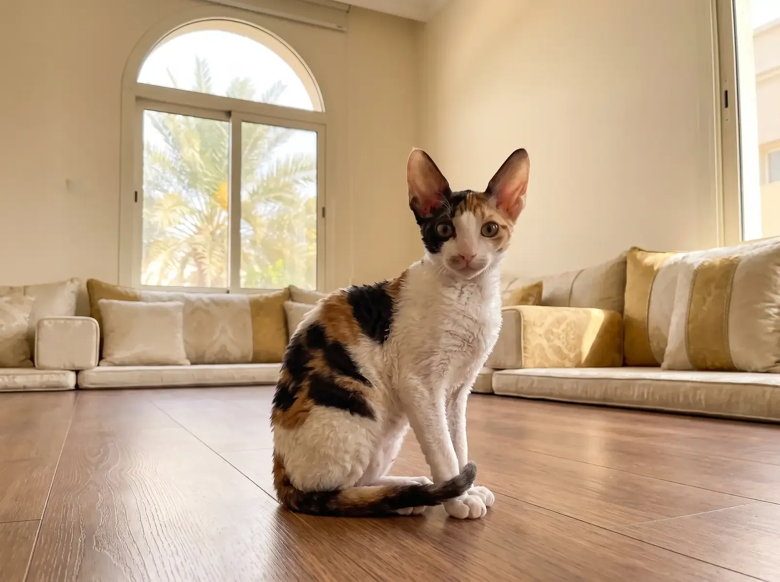 Cornish Rex in Dubai, a calico kitten sitting on a timber floor, majlis seating and palms behind