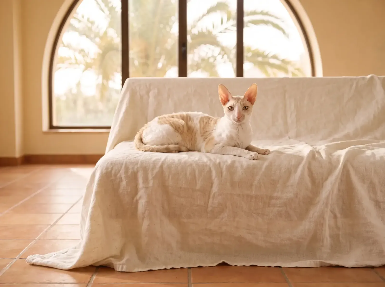 Cornish Rex in Dubai, a cream and white cat lying on a linen throw, palms through an arched window