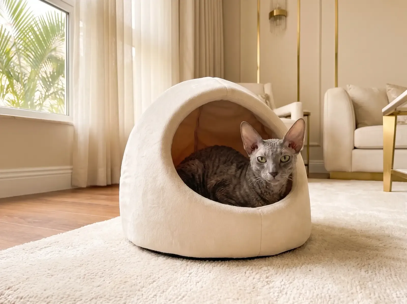 Cornish Rex in Dubai, a silver tabby resting in a covered cat bed by a shaded window, palms outside