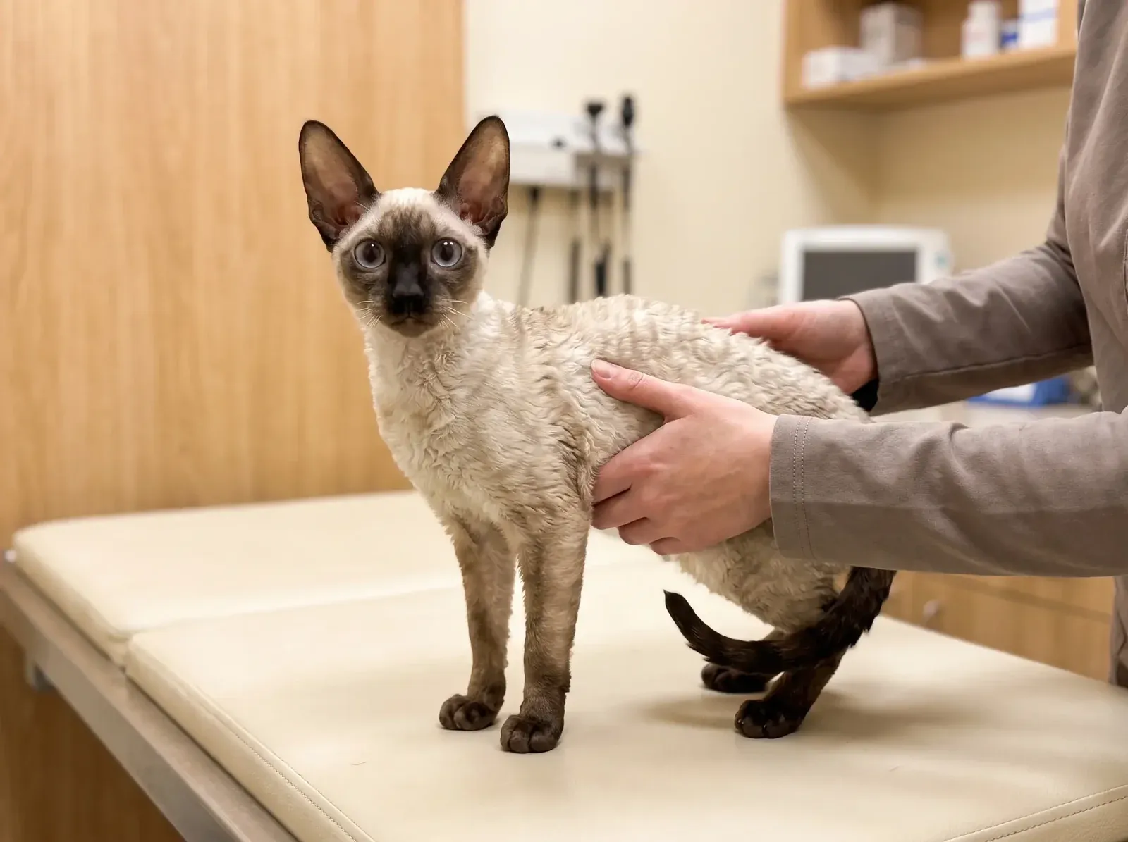 Cornish Rex, a seal colourpoint kitten standing on a consultation table, steadied by gentle hands