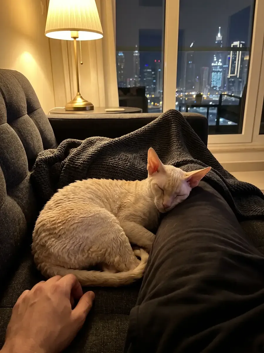 Cornish Rex in Dubai, a cream cat asleep against a pet parent's knee at night, the skyline behind